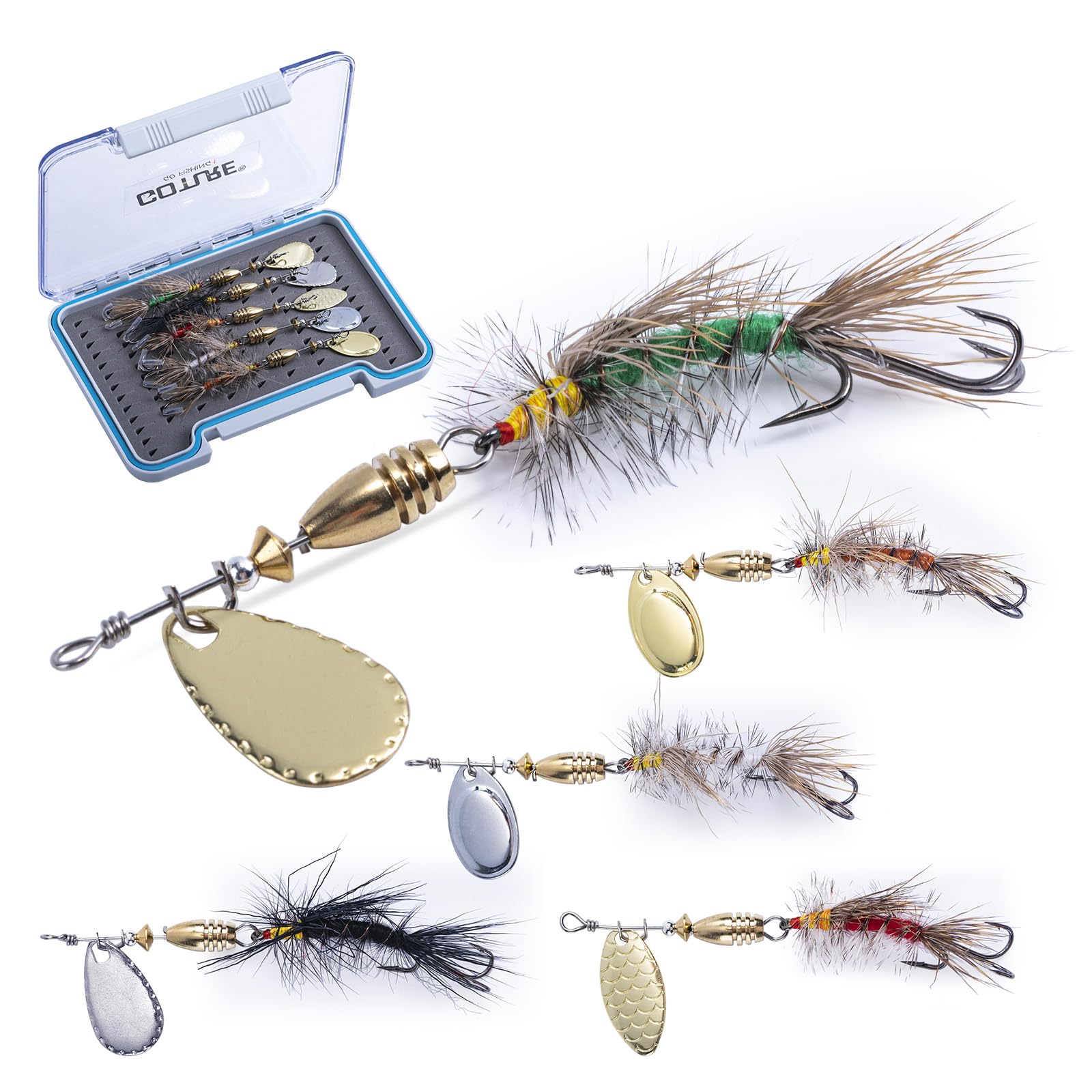 Goture Trout Lures Fishing Spinners,Rooster Bait Tail Bass Fishing Lures with Brass Spinner Blade Fish-Shaped Jig Heads for Freshwater Saltwater,Salmon Steelhead Trout Spinner Bait with Tackle Box