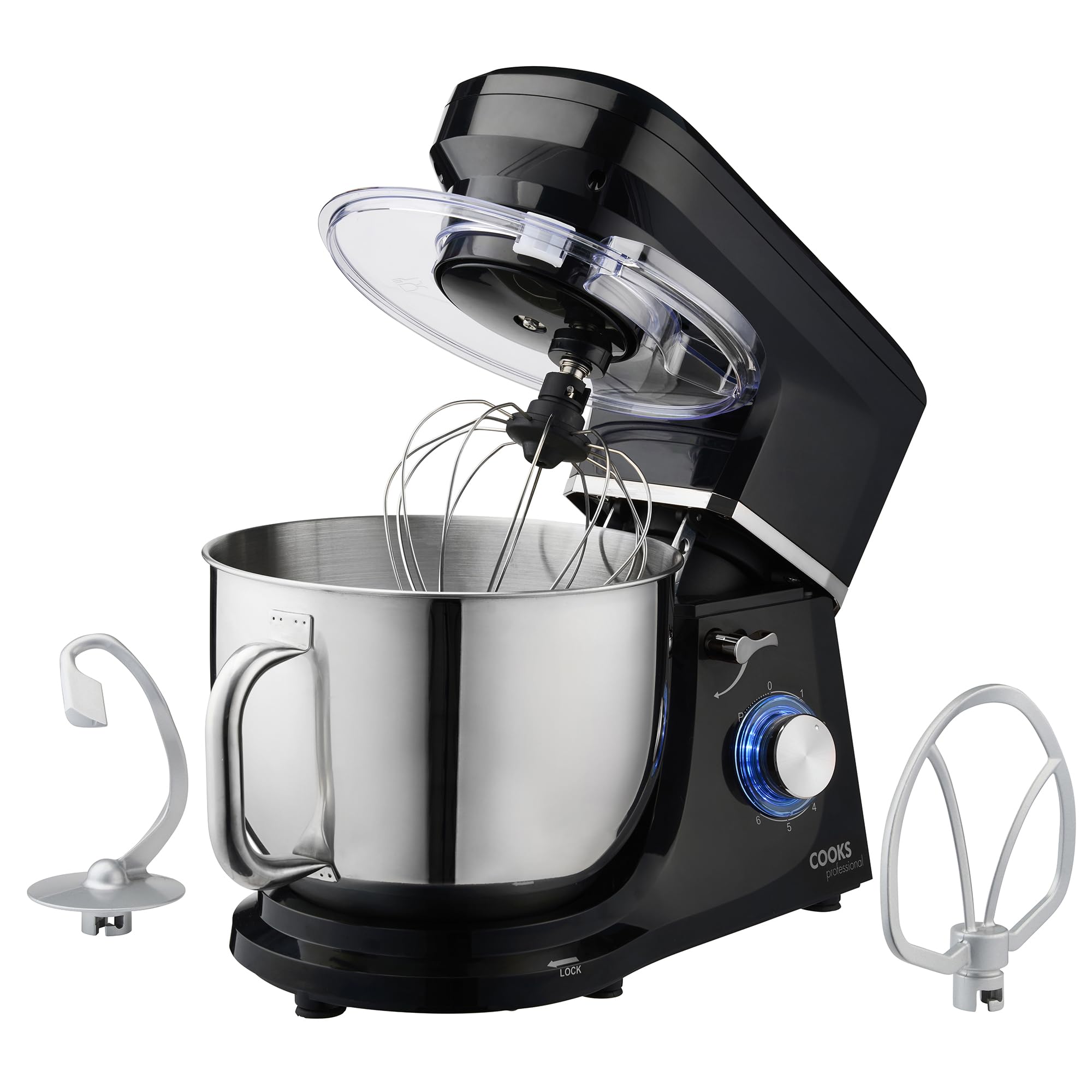 Cooks Professional Stand Mixer 1200W with 6 Speeds & Pulse Function, 7L Stainless Steel Mixing Bowl, Splash Guard, Whisk, Beater & Dough Hook | Electric Kitchen Mixer for Cakes, Bread, Baking | Black