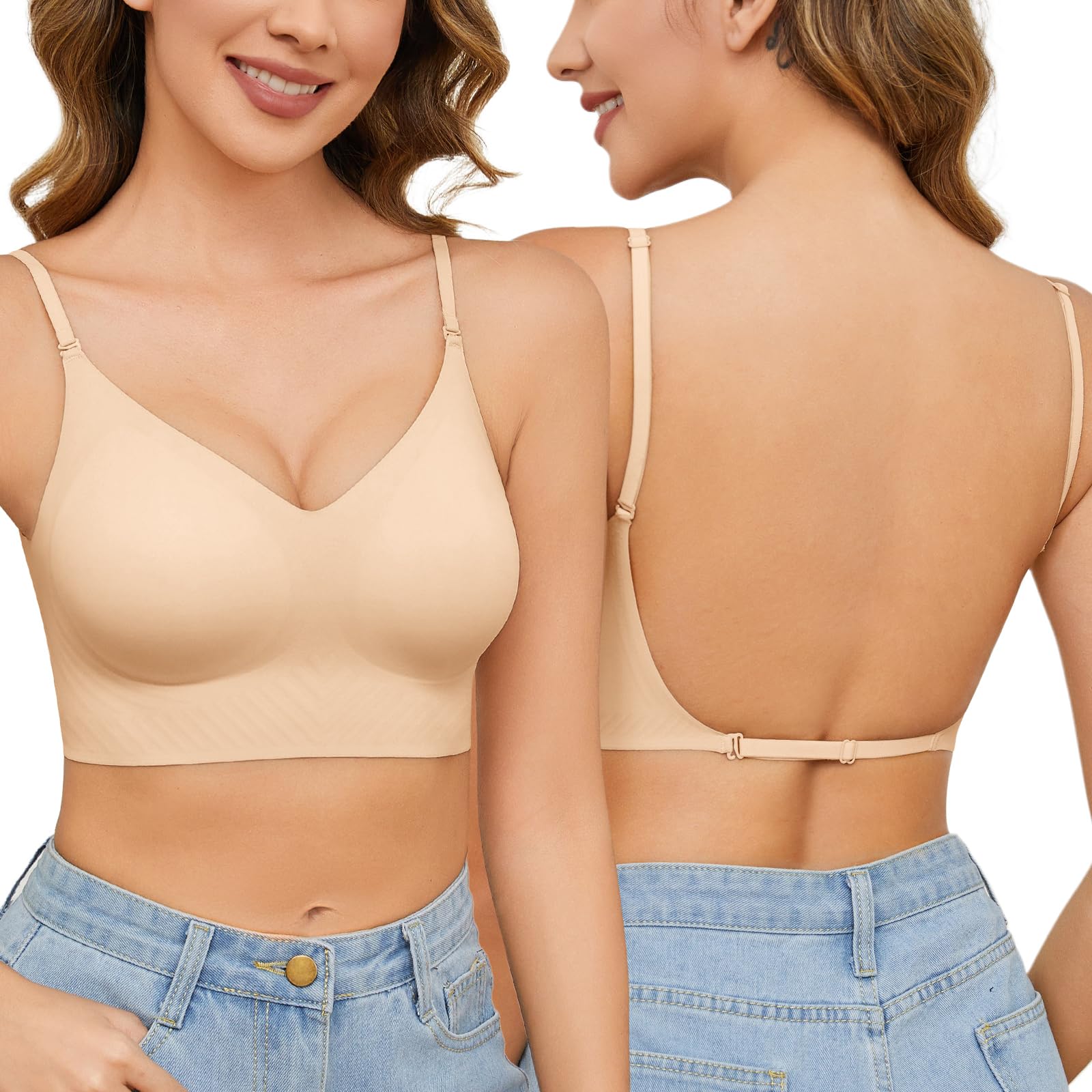 PASUDA Reggiseno Schiena Scoperta Donna Elegante Invisibile Senza Cuciture Sexy Scollo a V Profondo Leggero Biancheria Intimo Backless Bralette con Base Antiscivolo