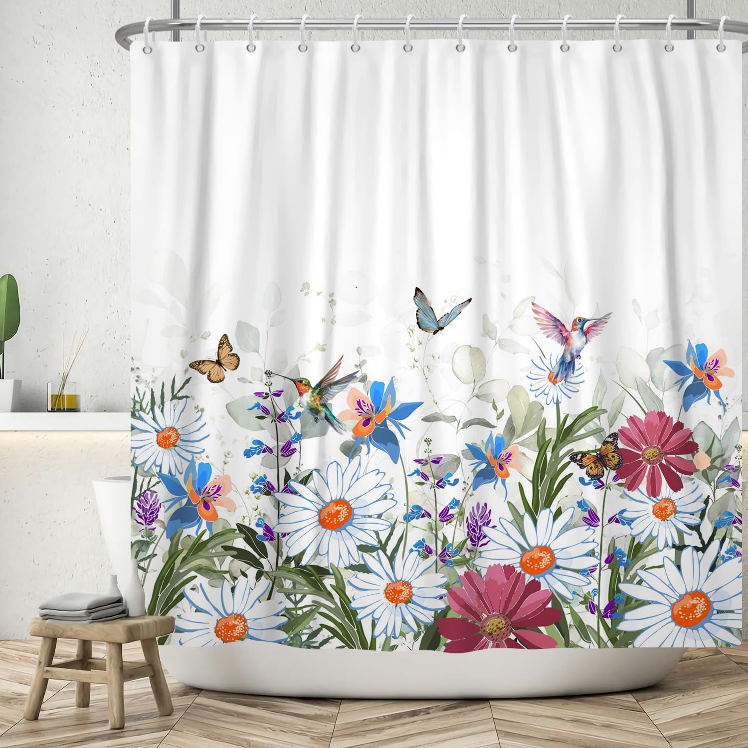 ASDCXZ Flower Shower Curtain 180x200 cm, Spring White Purple Colorful Flowers Green Leaves Butterfly Bird Washable Shower Curtains Polyester Textile Waterproof Shower Curtain for Bathtub with 12 Hooks โ image 1