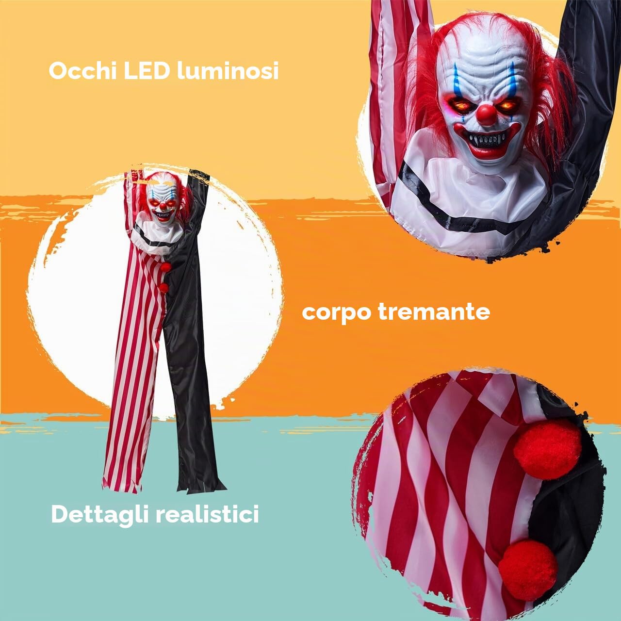 JOYIN Decorazione animatronica da appendere a forma di clown di Halloween, con catena, 165 cm, spaventoso clown con movimento, luce e suono (attivato dal suono), decorazione animata per cortile
