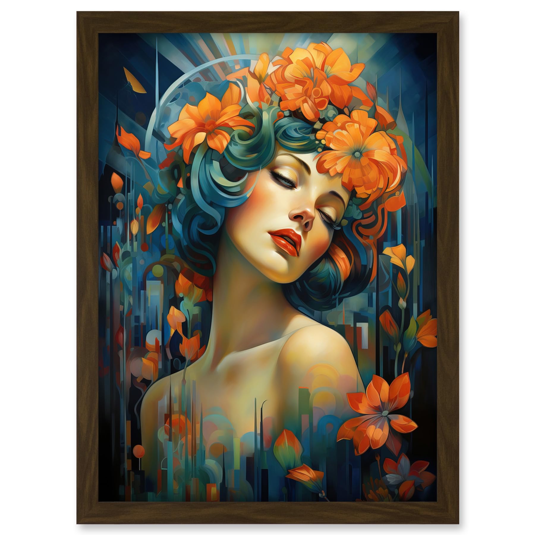 Artery8 Woman Portrait with Flowers Modern Art Deco Vibrant Artwork Orange Blue Floral Headband Artwork Framed A3 Wall Art Print