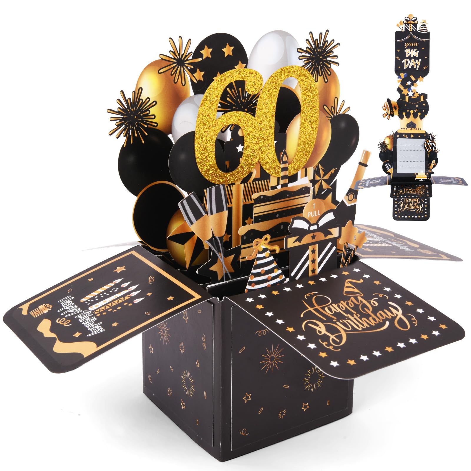 OFFCUP Happy 60th Birthday Pop-Up Greeting Card, 60 Years Old Birthday Card with Notes & Envelope, 3D Pop-Up Cards Gifts for Wife Husband Mother Father Women Men Friend (Pull-out Style)