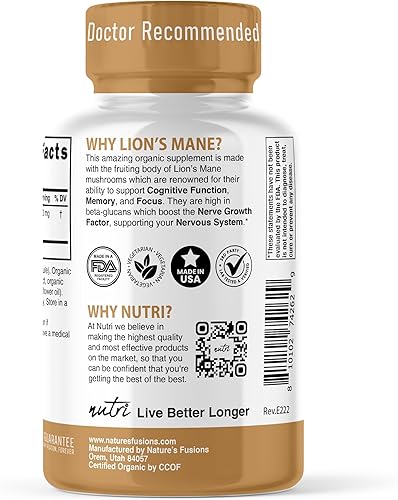 Miniatura 3 de Nature's Fusions Nutri Organic Lions Mane Suplemento Cápsulas - 1900 mg, extracción dual 10:1, 120 unidades - Extracto de hongo (cuerpo fructífero)