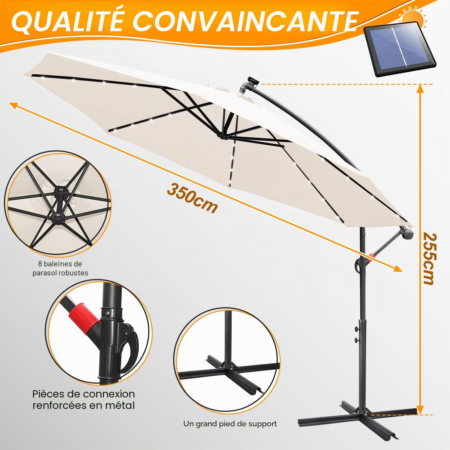 Fiqops Parasol solaire LED - Diamètre : 350 cm - Avec manivelle - En aluminium - Avec support - Protection solaire - Protection UV - En aluminium - Parasol de marché étanche pour le jardin
