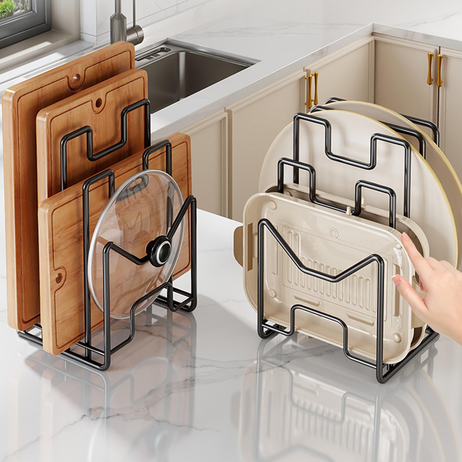 Soporte Bandejas Cocina Soporte Tabla Cocina De Metal, Organizador De Tabla De Cortar con 4 Compartimentos para tapas De Ollas, Espátulas, Platos, Bandejas para Hornear