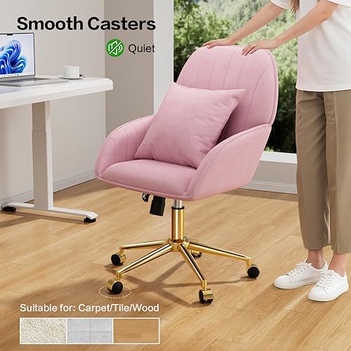 Miniatura 5 de Silla de escritorio para oficina en casa, cómoda con ruedas giratorias ajustables, moderna silla de tocador de maquillaje de terciopelo con respaldo