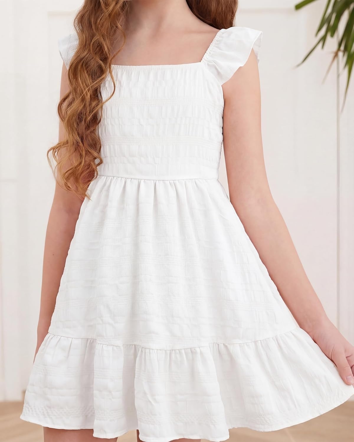 Stelle Girls Square Neck Ruffle Sleeve Tie Back Smocked Midi Dress Summer Solid Color Casual Dresses for Girls 4-15Y