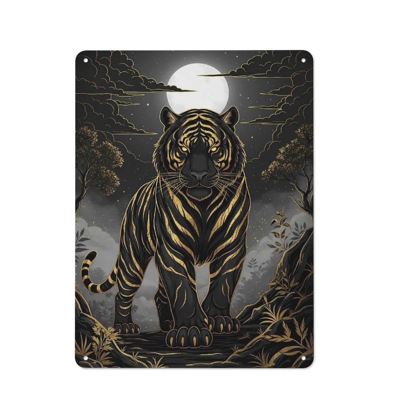 Junmoney Style-14 Golden Tiger Under Moonlight Cottage Style Metal Wall Decor 40X30cm, Tin Wall Plaque For Kitchen, Cottage, Porch Or Garden Room