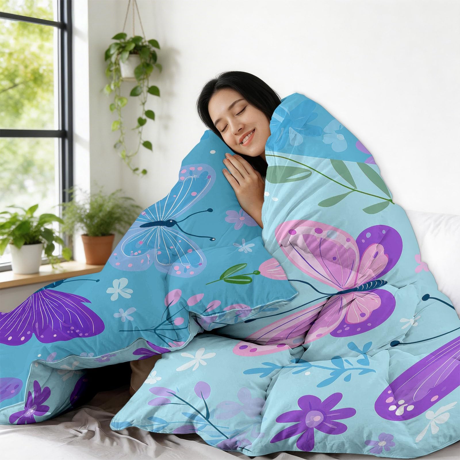 Trapunta Copriletto 260x240 cm Farfalle Fiori Trapuntino 4 Stagioni Stampa 3D, Trapunta Inverno Estivo, Trapuntato Coperta Letto per Adulti Bambini
