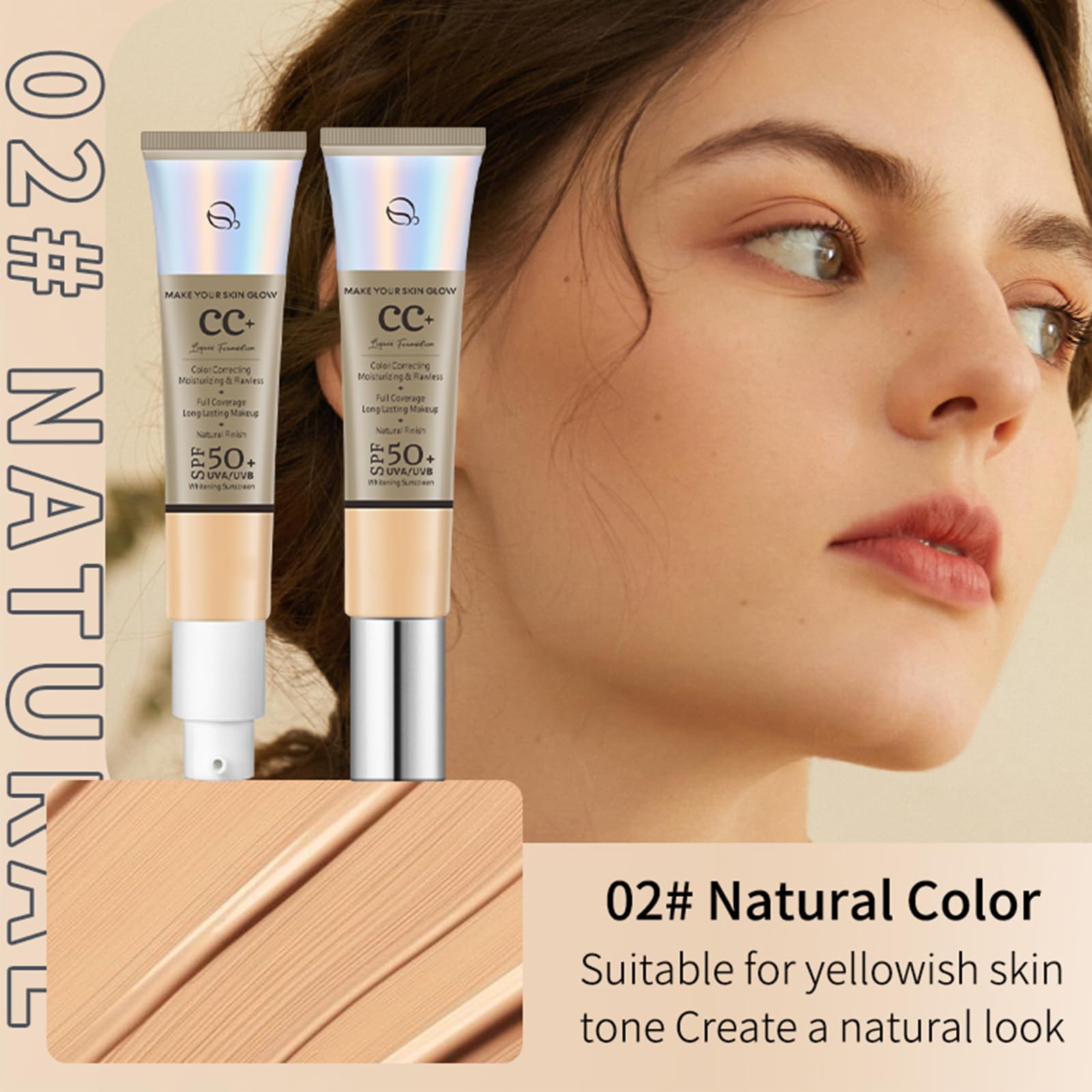 CC Cream With SPF 50 - Base de cobertura completa, poros invisibles, tono de piel uniforme, cubre imperfecciones, hidratante, transpirable, ligera, de larga duración, impermeable, mate (natural) 2