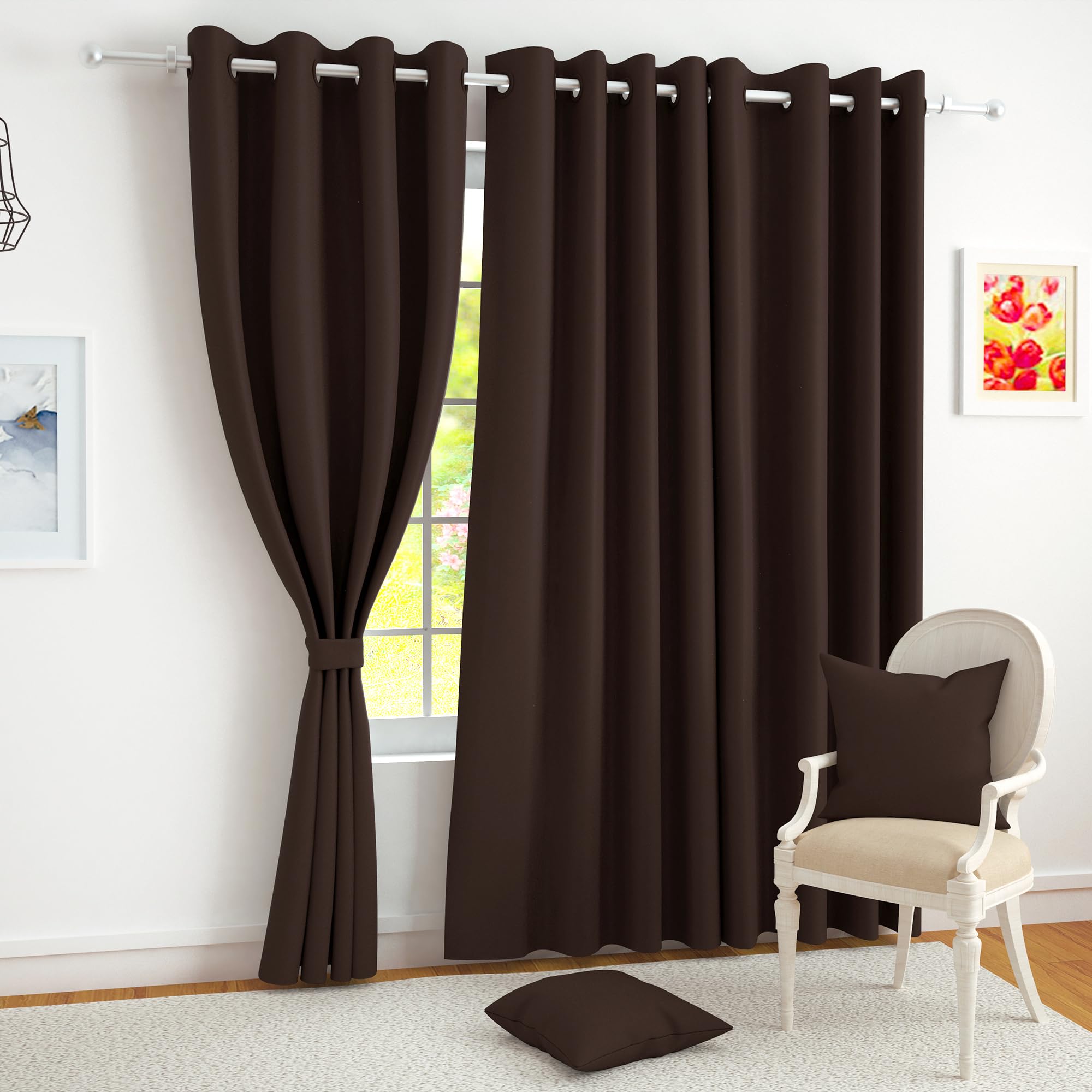 Story@Home Blackout Curtains 5 feet Long Set of 2 Room Darkening Window Curtain Plain, Light Brown