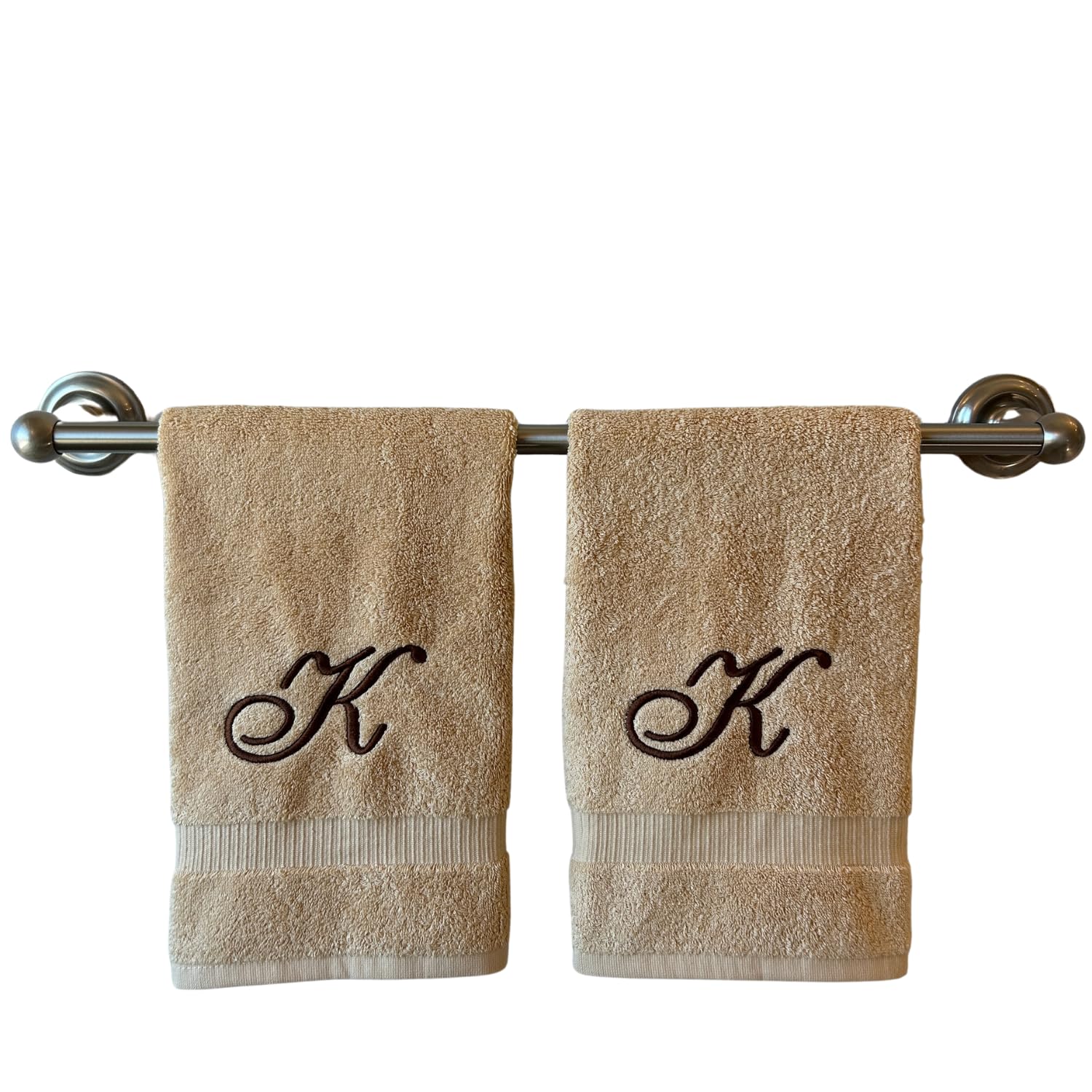 Beige Monogrammed Hand Towels for Bathroom - Luxury Hotel Quality Personalized Initial Embroidered Towel for Powder Room, Spa - GOTS Organic Certified - Set of 2 Brown Letter K