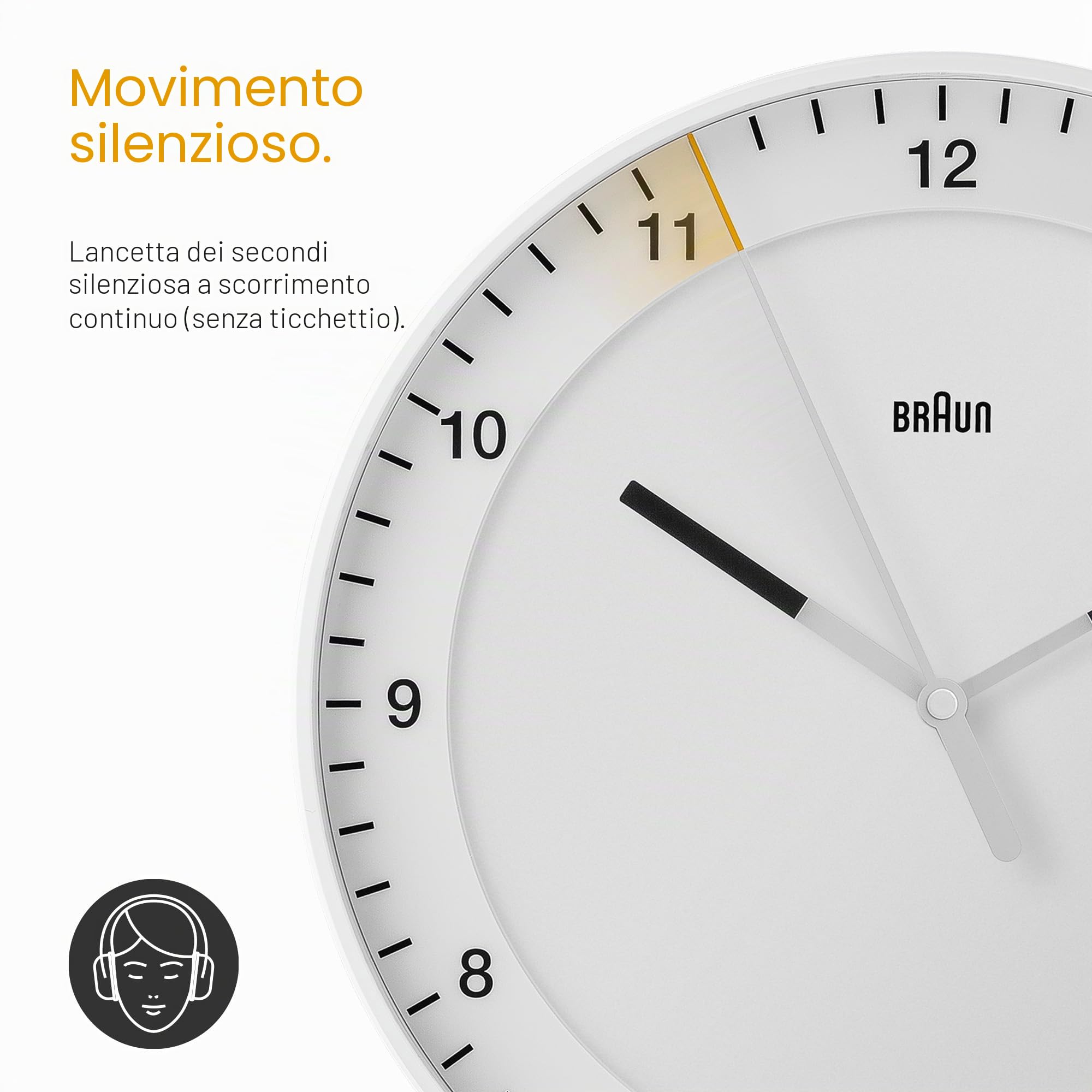Braun Orologio da Parete Grande Analogico Classico Movimento Continuo Silenzioso, Facile da leggere, Diametro di 30 cm, Colore bianco, modello BC17W.