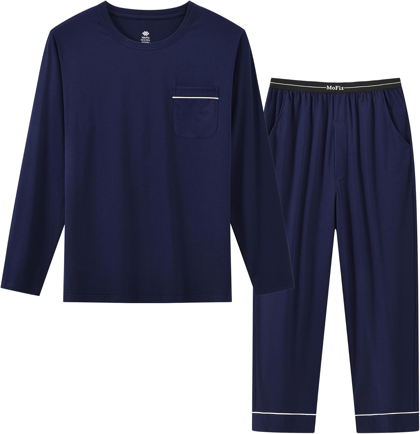 Men's Pajamas Set Soft Cotton Pjs Sets Long Sleeve Pullover Sleepwear Loungewear Set with Elastic Waist & Pockets