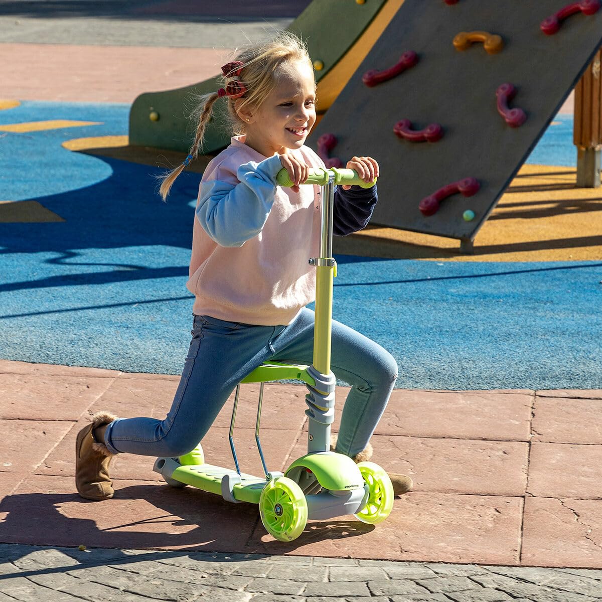 InnovaGoods® Patinete Scuvol Multiposición para Niños y Niñas 3 Años, Ajustable Con Asiento y Respaldo, 3 Ruedas LED (120mm), Cesta, Reposapiés, Mango y Freno