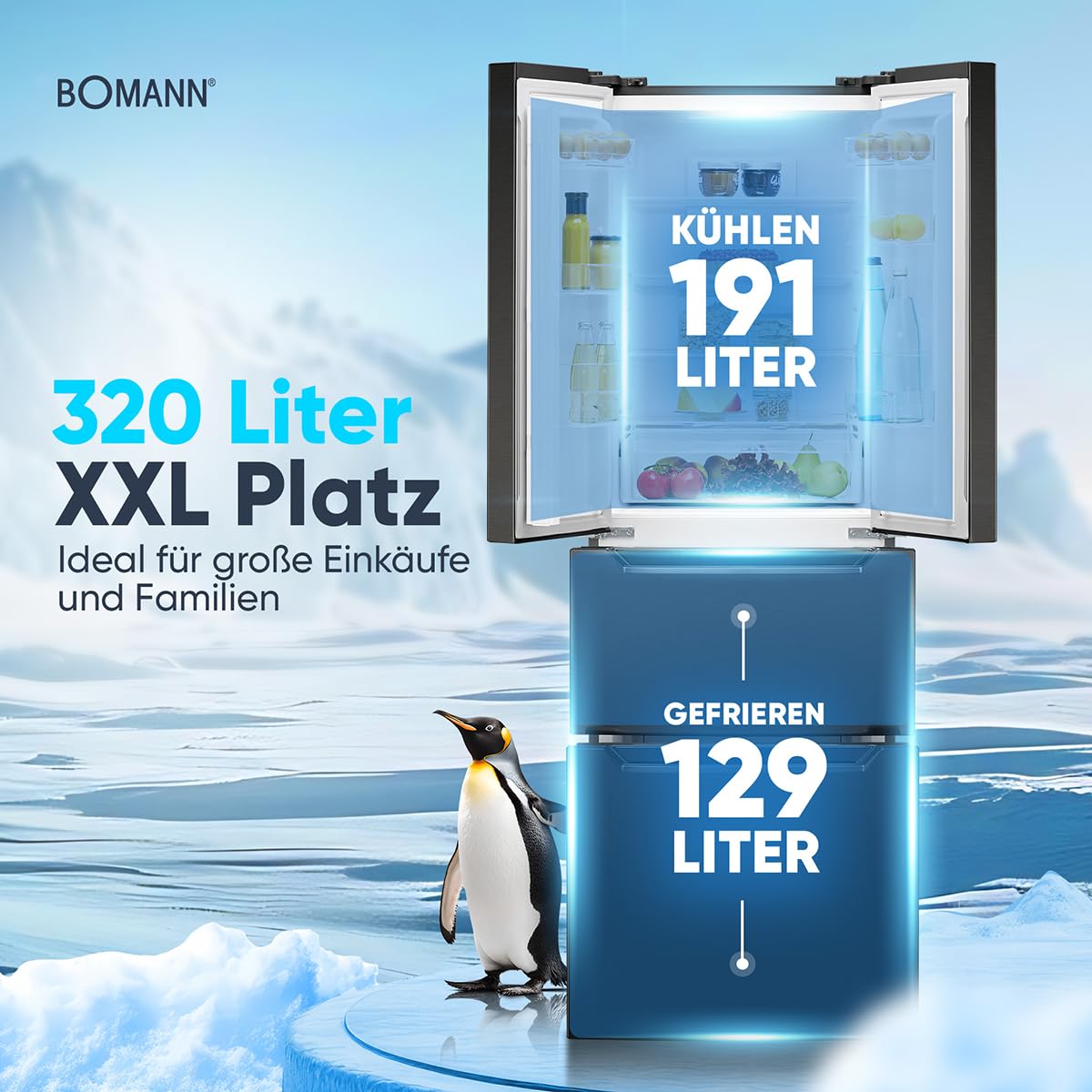 Bomann Réfrigérateur et Congélateur 320L KG7361-Noir, Système MultiAirflow, Totalement Sans Givre, Éclairage LED, 4 Étagères en Verre, Mode Économie d'Énergie, 39 dB