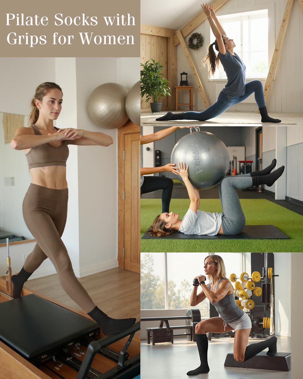 YSense 4 Pairs Pilates Socks with Grips for Women Non Slip Long Slouch Socks Yoga Grippy Sock Slouchy Barre Hospital Slipper - Image 4