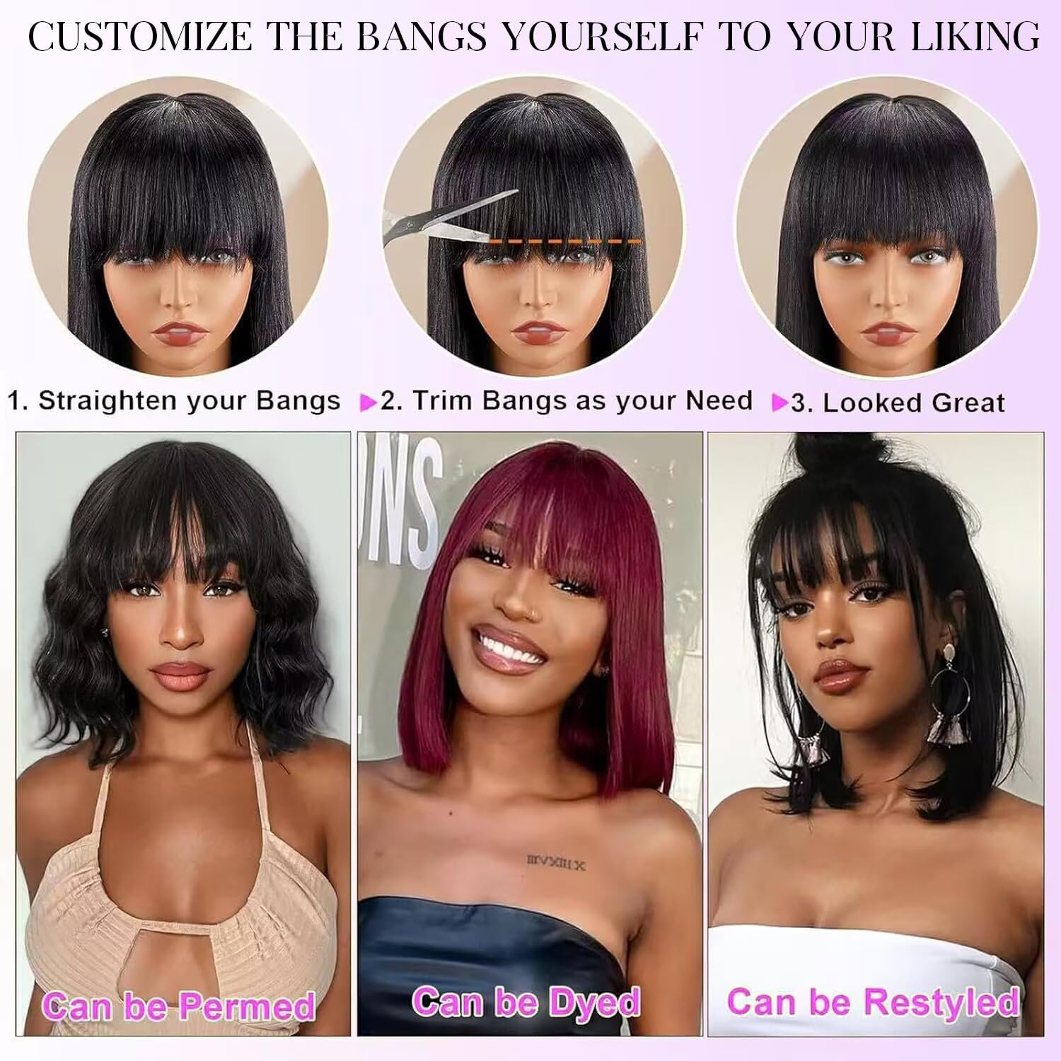 Parrucca Donna Capelli Veri Umani Straight Human Hair Wigs With Bangs No Lace Front Wig Human Hair Nera Parrucca Donna Diritta Con Frangia 12 Pollici