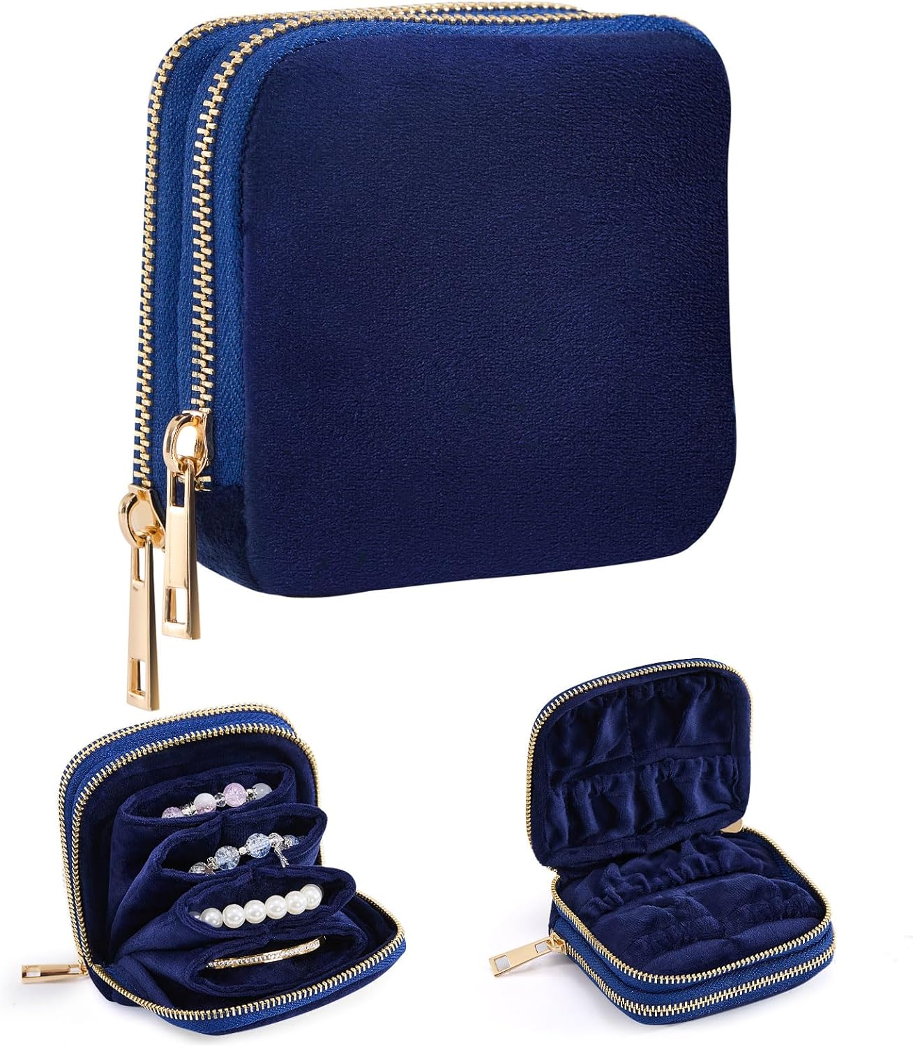 Double-zip Jewelry Pouch for Travel, Multi-compartment Jewelry Organizer Bag,Small Jewelry Case with Soft Velvet for Rings Earrings & Bracelets, Gifts for Women.Blue. Not Rigid.(Blue)