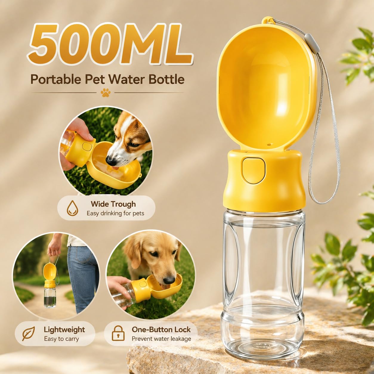 Bebedero para mascotas al aire libre de 500 ml, diseño a prueba de fugas, color amarillo para mascotas, bebedero para exterior, 500 ml de capacidad, bebedero para mascotas, color amarillo