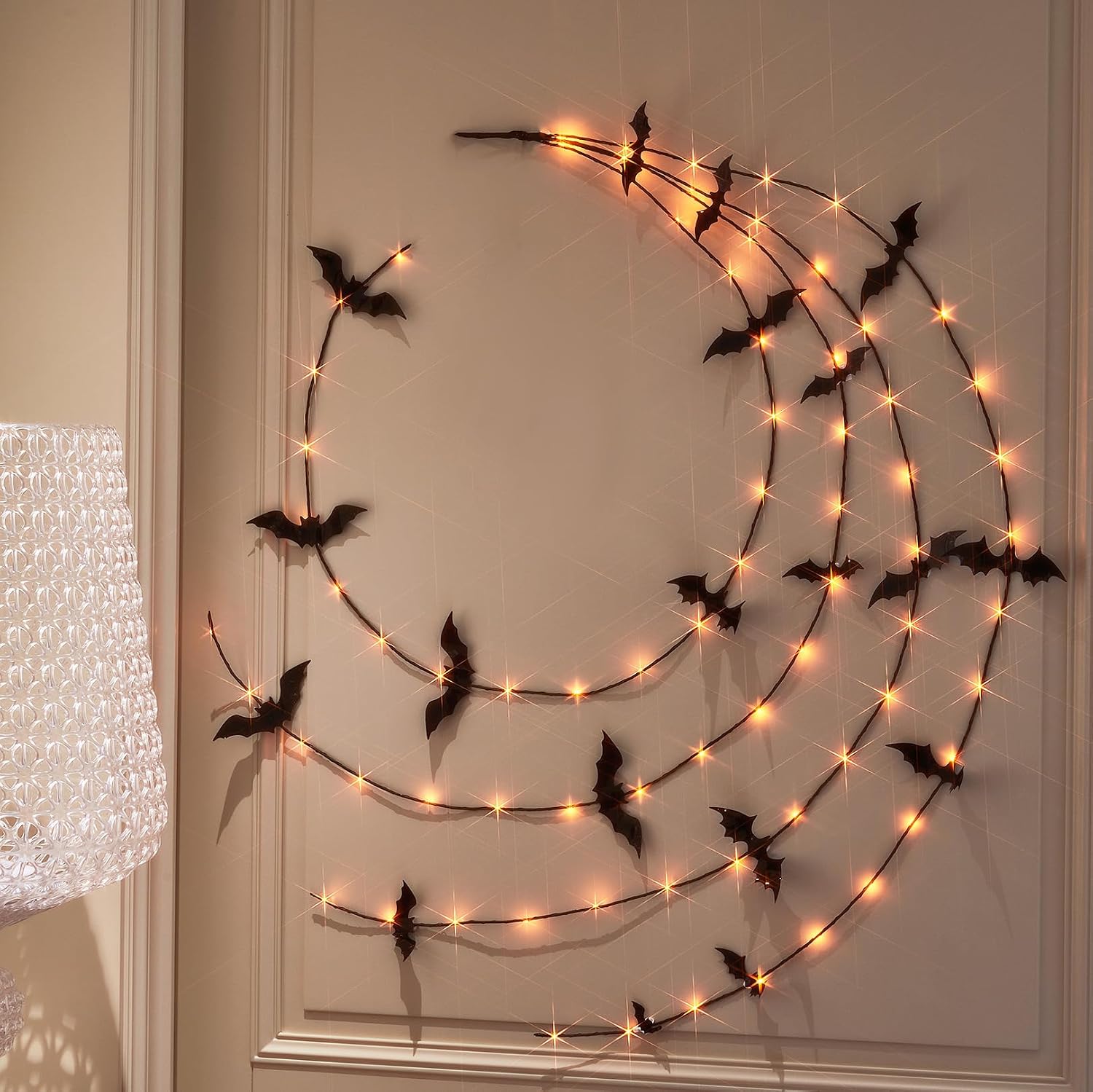 Hairui Lighted Halloween Garland with Bats Battery Operated with Timer, Black Garland with Lights 6FT 80 Orange and Warm White Fairy Lights 10 Functions for Wall Room Porch Halloween Decor 2Sets