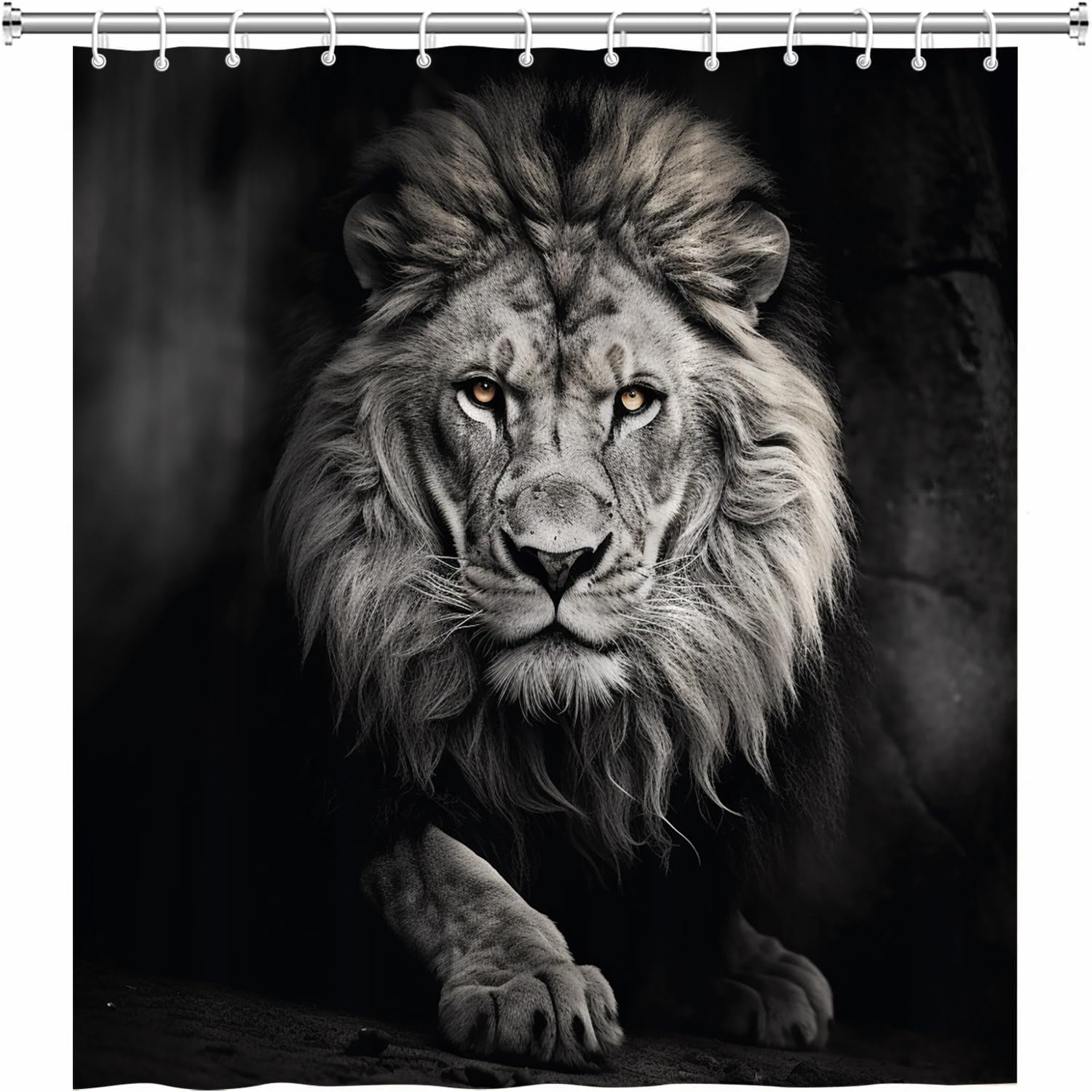 Lion Shower Curtain Boys Mens Bathroom Curtains Male Vintage Majestic Wildlife Animal Safari Cool Art Polyester Fabric Bathroom Decor Set with Hooks 90Wx70H Inch
