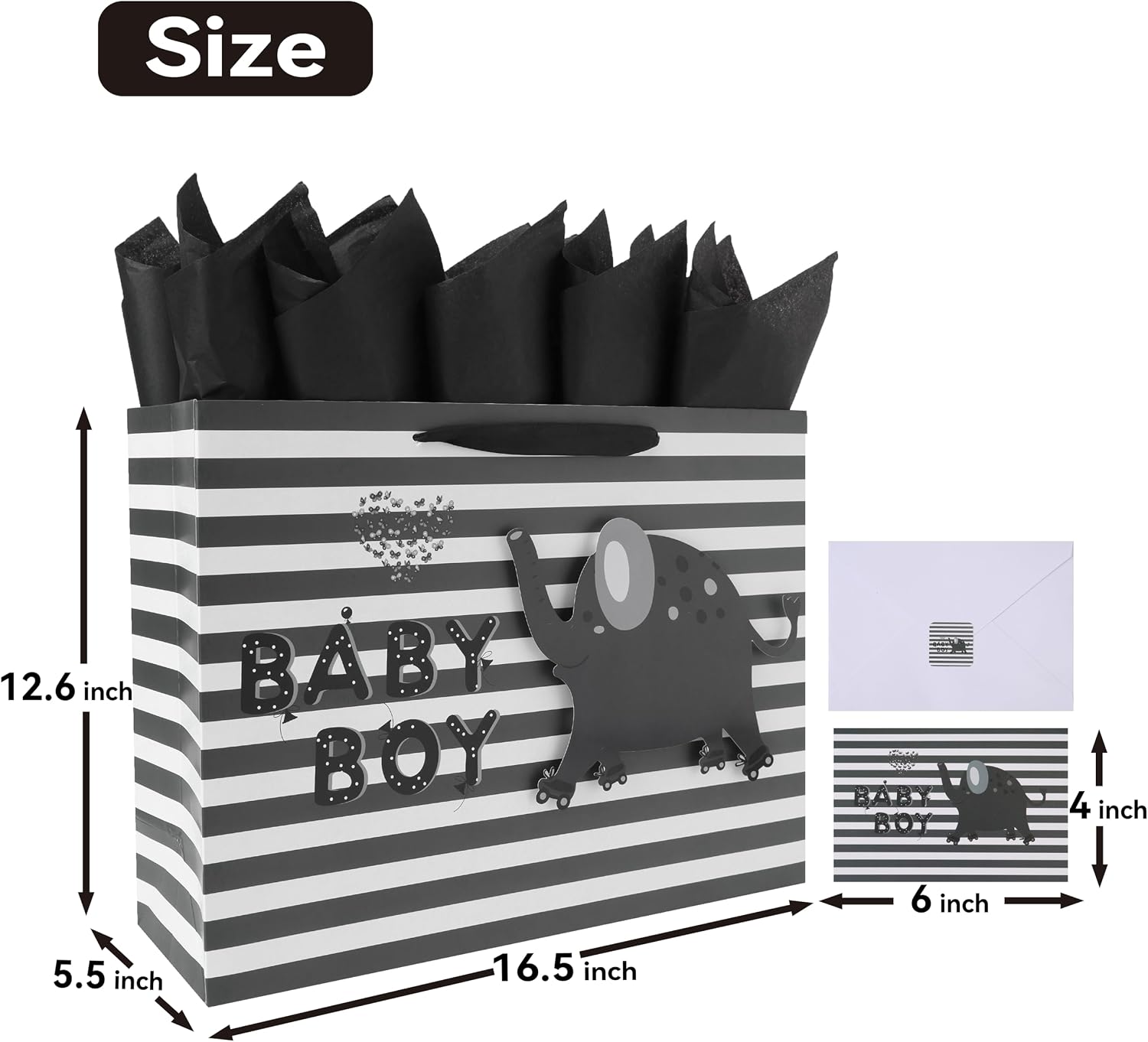 16.5'' Extra Large Baby Boy Gift Bag Set with Handles, Greeting Card, Black Tissue Papers and Stickers for Boys Kids for Baby Shower, Birthday Party, 3D elephant Design image 2