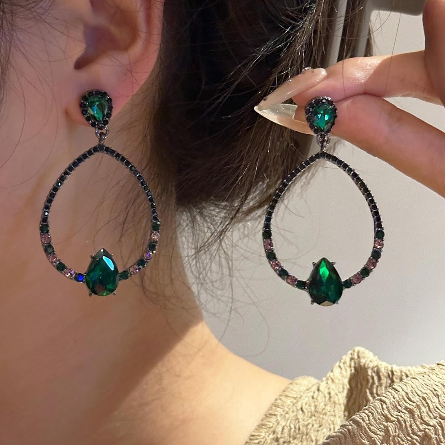 Boho Emerald Drop Earrings Hollow Teardrop Earrings Green Crystal Earrings Sparkly Cz Earrings Exaggerated Earrings Jewelry for Women and Teen Gifts - Image 2
