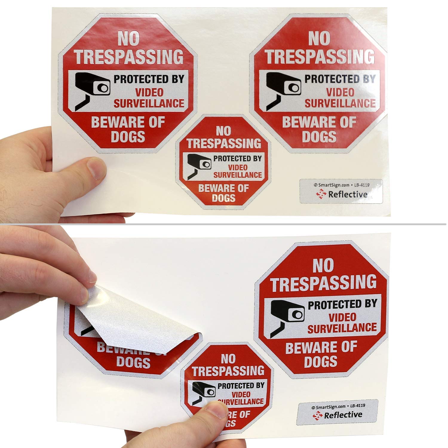 SmartSign No Trespassing - Beware of Dogs, zestaw naklejek do monitoringu wideo | dwie 10 cm x 10 cm i jedna 7 cm x 7 cm odblaskowa naklejka samoprzylepna