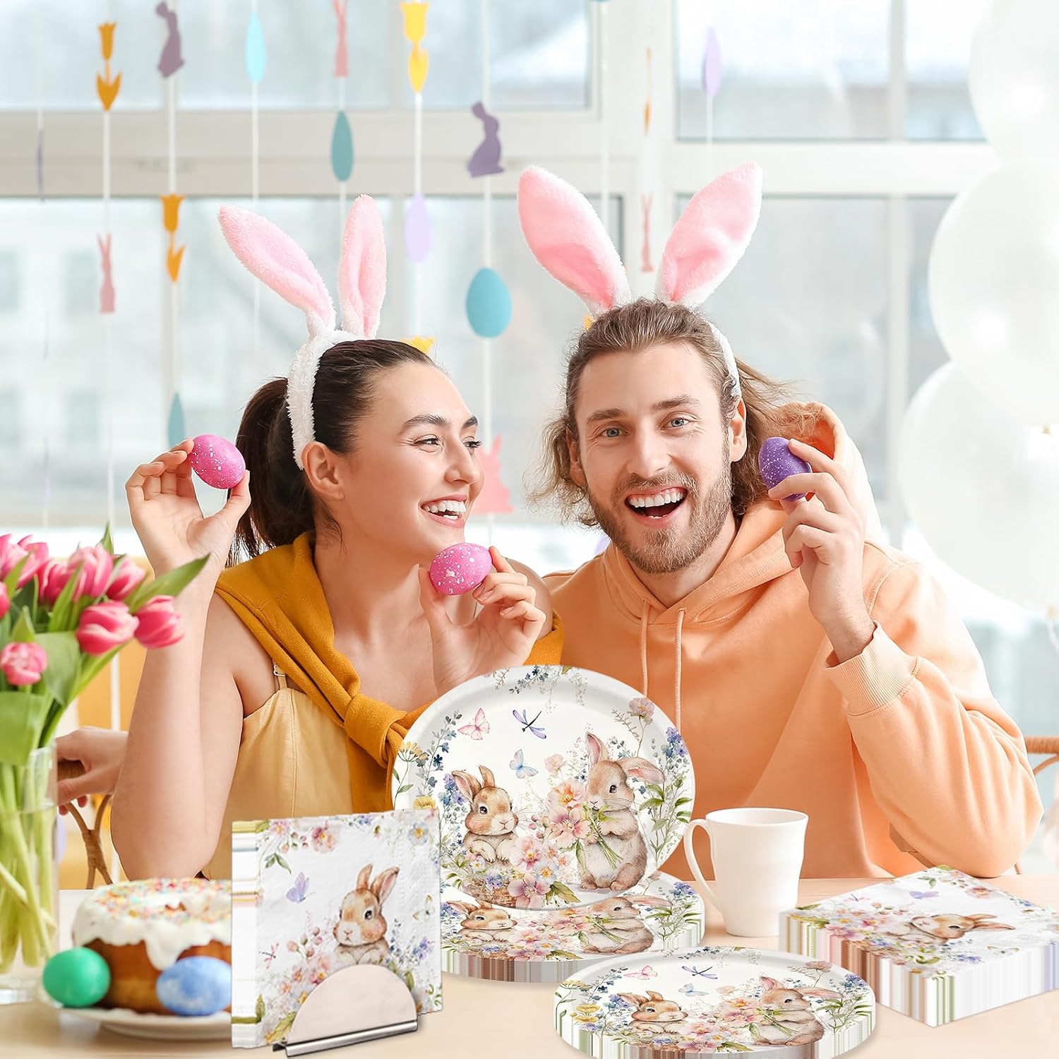 100Pcs Easter Plates, Easter Plates and Napkins includes 50pcs Oval Easter Paper Plates and Easter Napkins, Bunny Rabbit Disposable Easter Plate and Napkin for Happy Eater Decorations