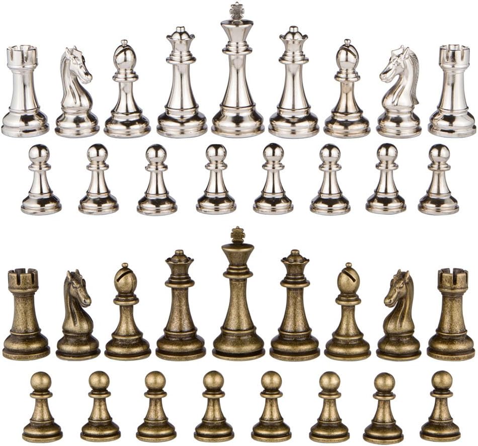 Jupiter Silver and Bronze Metal Chess Pieces with 4 Inch King and Extra Queens, Pieces Only, No Board