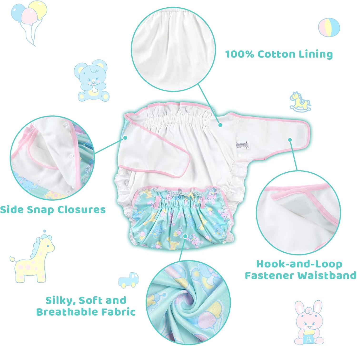 Littleforbig Silky Adult Ribbon Omutsu Diaper Wrap Cover Adjustable Reusable Waterproof - Baby Parade Repeating Pattern - Image 2