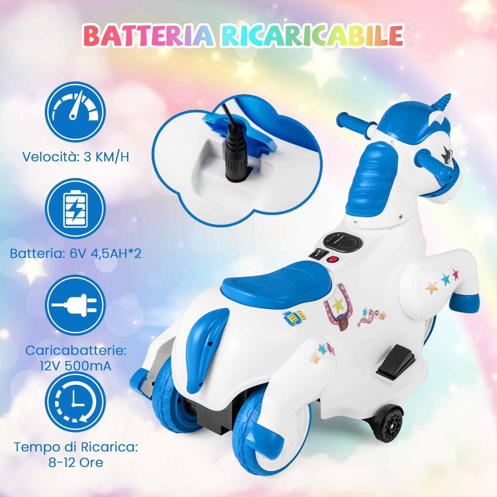 GYMAX Auto Cavalcabile Unicorno 12V, Veicolo Elettrico per Bambini con Funzione Altalena, Auto Elettrica con Ruote di Supporto, Musica e Indicatore di Batteria, per Bambini dai 3 Anni, Rosa/Blu (Blu)