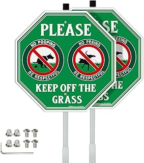 Faittoo No Peeing No Pooping Dog Sign with 36" Stake for yard, Keep off The Grass Sign, 2-Pack 12"x12" Aluminum, Reflective, Fade Resistant, 2 pre-drilled holes, Includes Matching Screws & Wrench