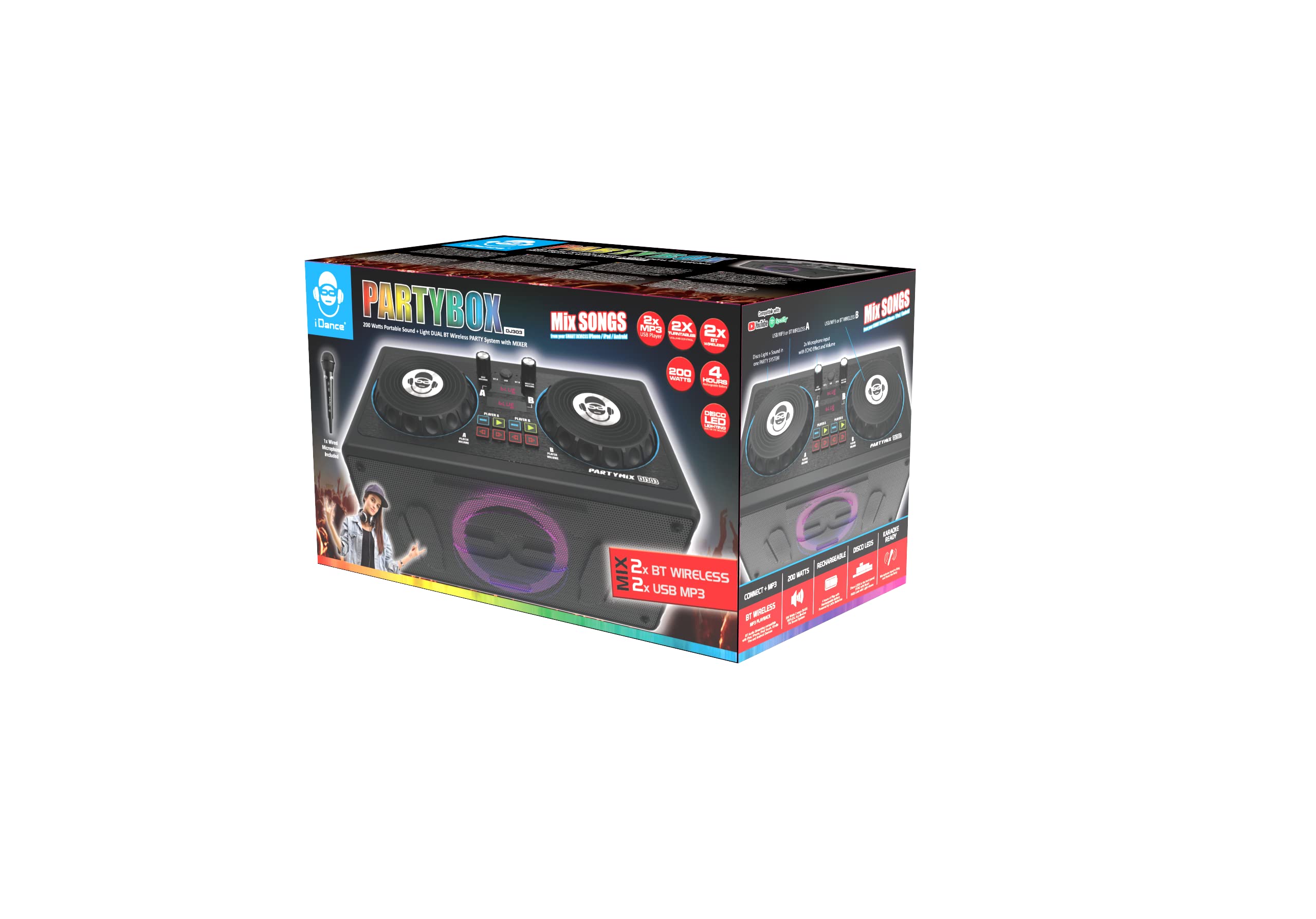iDance DJ303 PARTYMIX - Altavoz portátil de 200 vatios Bass Reflex - Mezclador de audio y platinas de volumen - Micro con cable - Juego de luces de disco - Recargable