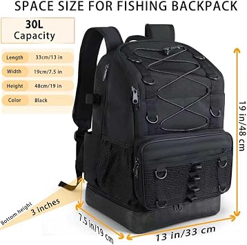 Fishing Backpack with Rod Holder, Heavy Duty Fishing Bag with Waterproof Bottom, Tackle Backpack Gifts for Man Woman-Black