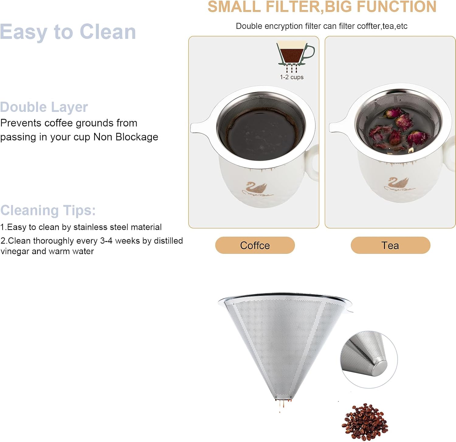 Pour Over Coffee Maker,Coffee Filter,Slow Drip Paperless Stainless Steel Cone Coffee Dripper(2-3 Cup) image 5