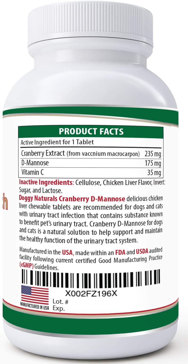 Cranberry D-Mannose for Dogs and Cats Urinary Tract Infection Support Prevents and Eliminates UTI, Bladder Infection Kidney Support, Antioxidant (Double Strength Tablet, 60 Count)