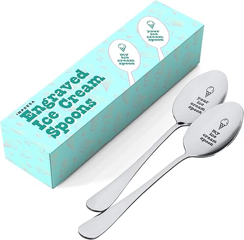 IMPRESA Mine & Yours - Cucharas grabadas para helado para parejas, 2 unidades, acero inoxidable, asas largas de 8 pulgadas, cucharas divertidas para
