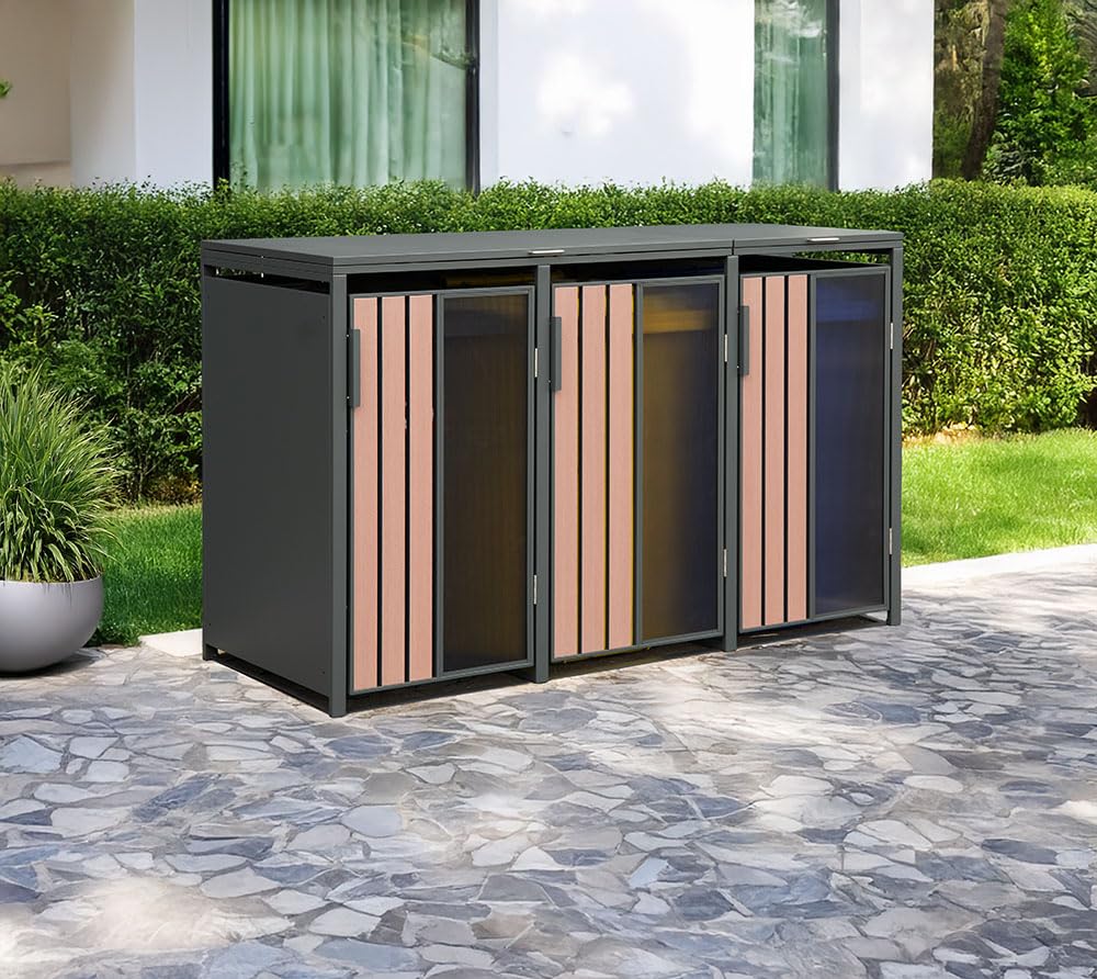 Westmann Status 3 Mülltonnenbox 3x240L | Metall Acryl Holzoptik | Gasdruckfedern | Magnetverschluss | Anthrazit