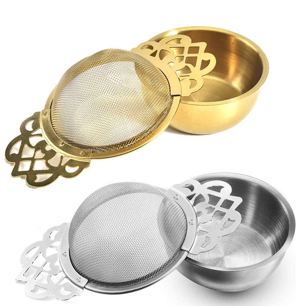 SYDA 2 Pack Tea Strainer Bowl, Stainless Steel Tea Strainers with Drip Bowls for Loose Tea Fine Mesh, Fit 2.5-4 Inch Cup Mouth(Silver, Gold)