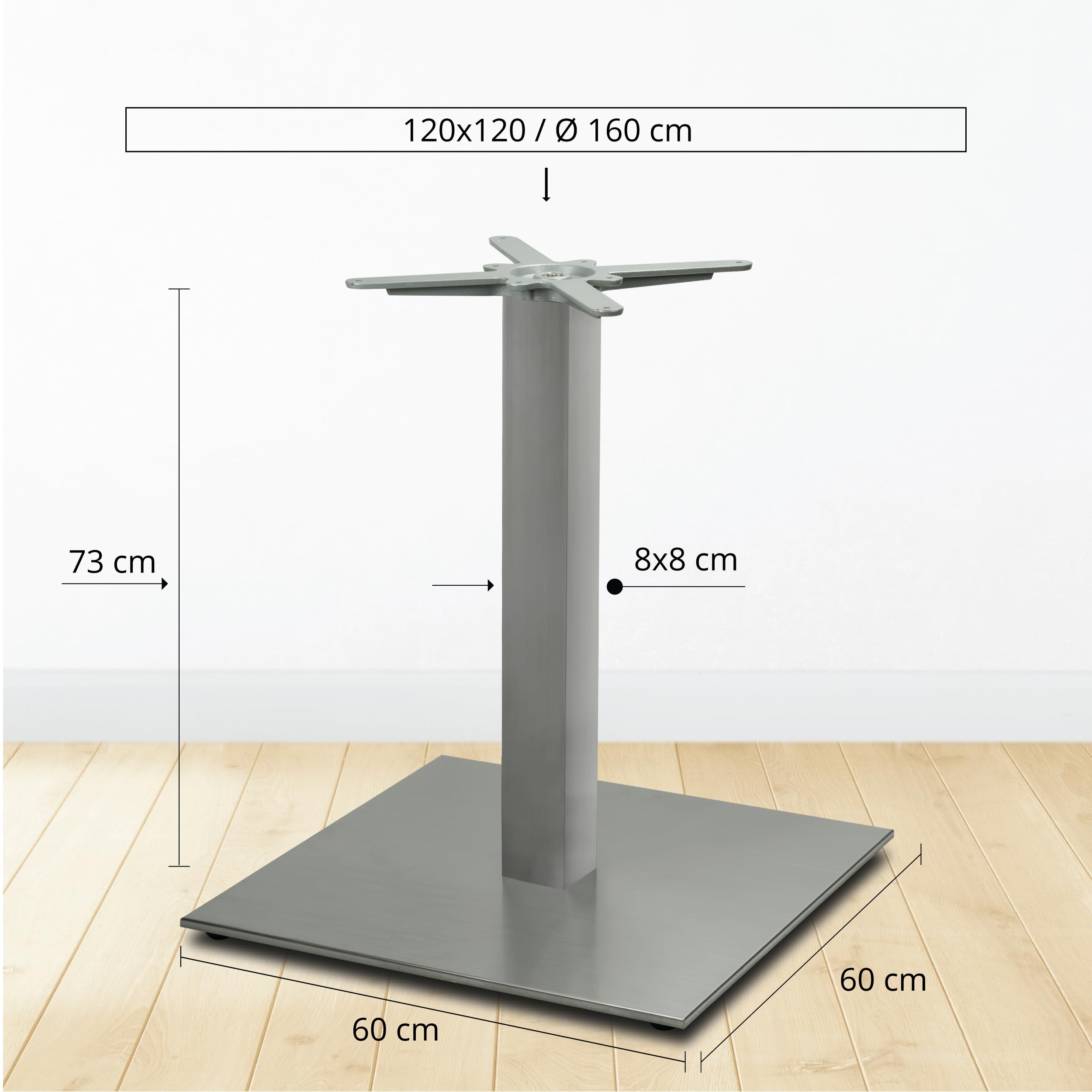 Tischgestell Tischbein Edelstahl | Premium | PD7094inox | INOX | Esstisch | Höhe 73 cm | 33 kg | Bodenplatte 60x60 cm | max. Tischplattengröße 120x120 / Ø 160 cm