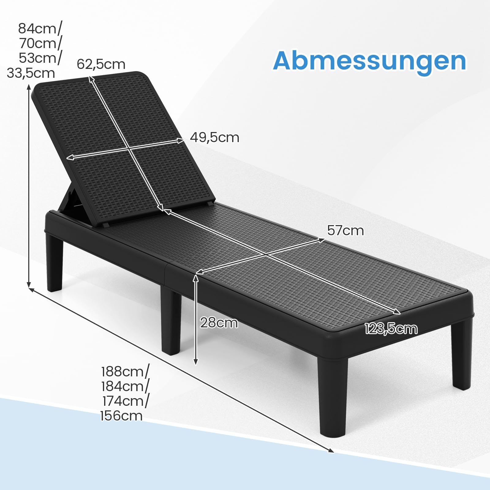 COSTWAY 2er Set Sonnenliege wetterfest, Gartenliege mit Verstellbarer Rückenlehne, Balkonliege aus Kunststoff, Terrassenliege bis 150 kg belastbar, Liegestuhl für Garten, Terrasse, Balkon (Schwarz)