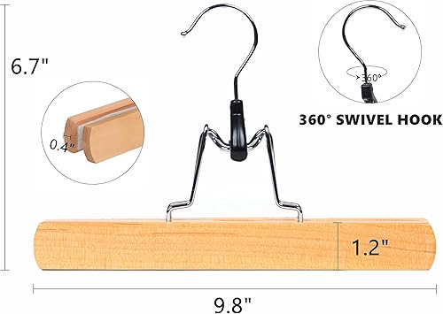 Miniatura 2 de Amber Home Paquete de 10 perchas de madera natural para pantalones, perchas de madera con terciopelo acolchado antideslizante, ganchos para