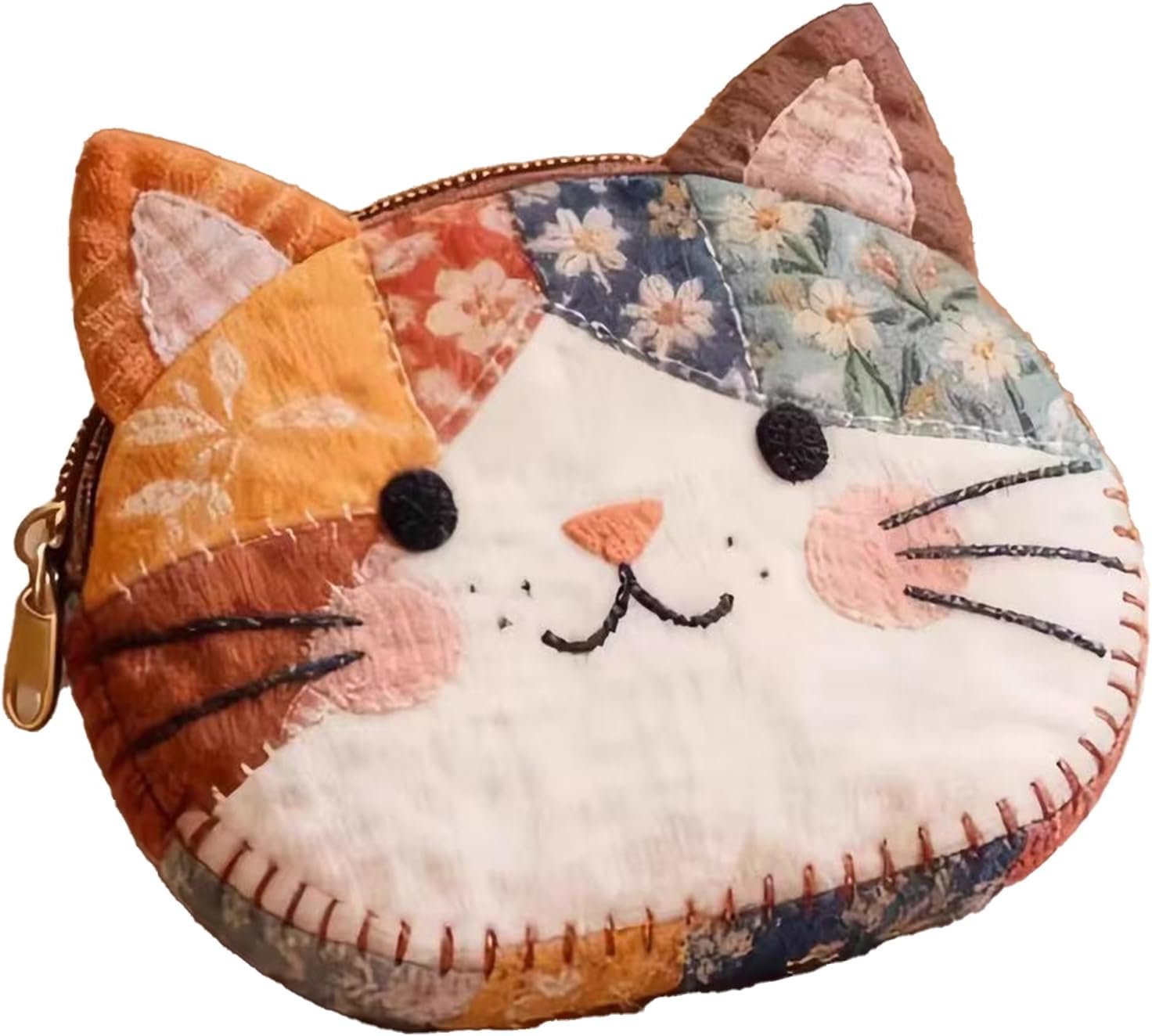 Handmade Patchwork Cat Coin Purse, Floral Fabric Quilted Kitten Pouch with Zipper, Small Storage Bag for Earphones and Accessories