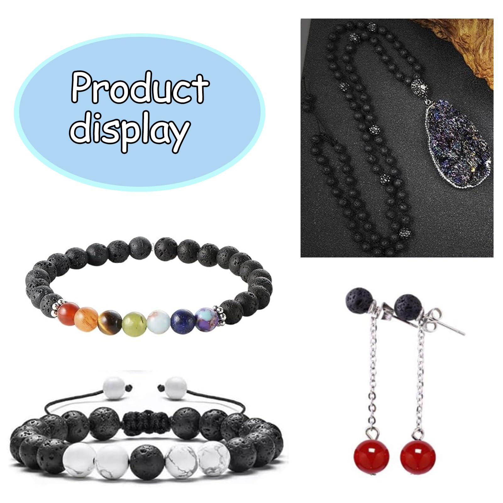 100 cuentas redondas sueltas de lava volcánica negra natural de 10 mm para hacer joyas con cordón elástico de cristal
