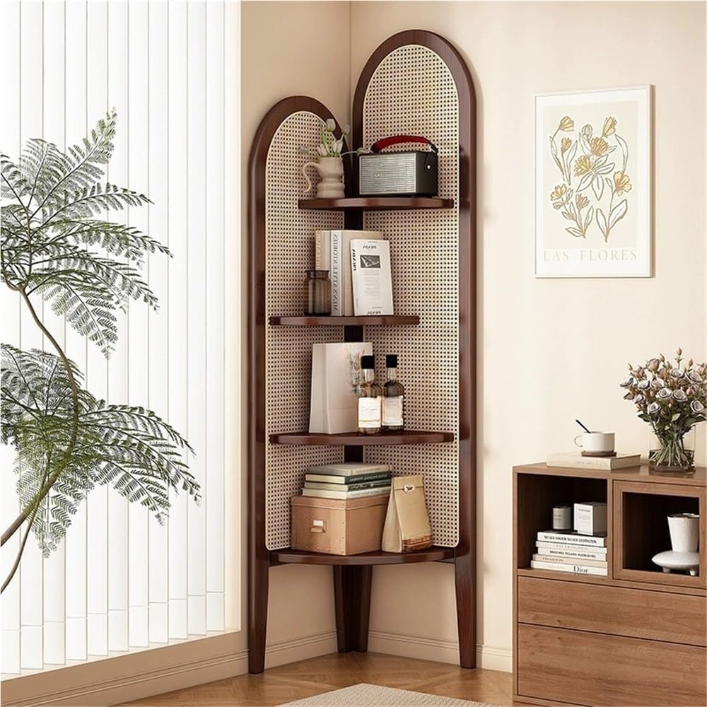 4-Tier Rattan Boho Corner Shelf - Freestanding Display Storage for Living Room, Study & Home Decor, Space-Saving Bookshelf in Brown - Stylish Organizer for Any Room