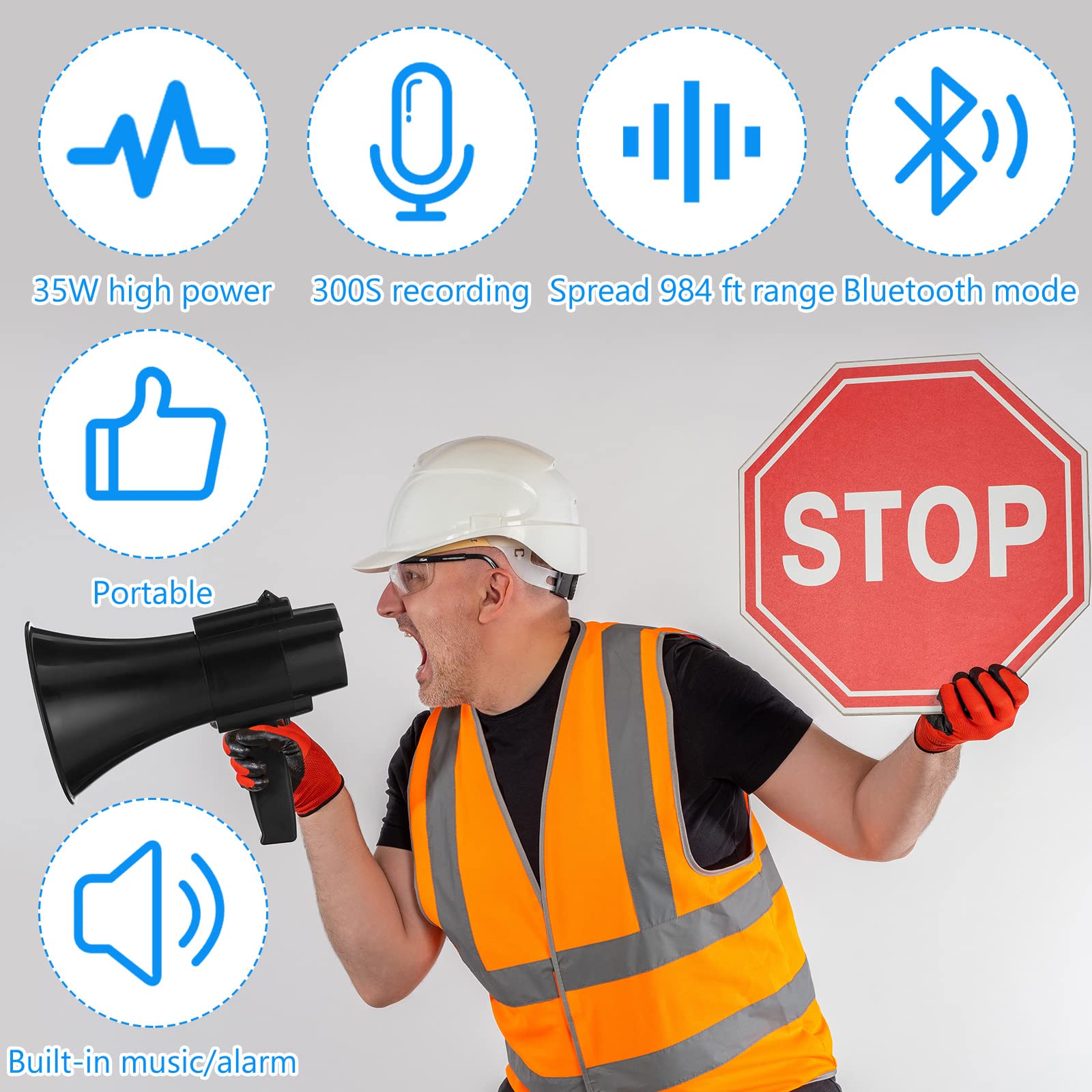 Leumoi 2 Pcs Portable Megaphone Speaker 35 Watt Power Black Rechargeable Lightweight Megaphone Bullhorn Built in Music/Siren 300S Recording 984 Feet Range with Volume Control and Strap Without Battery