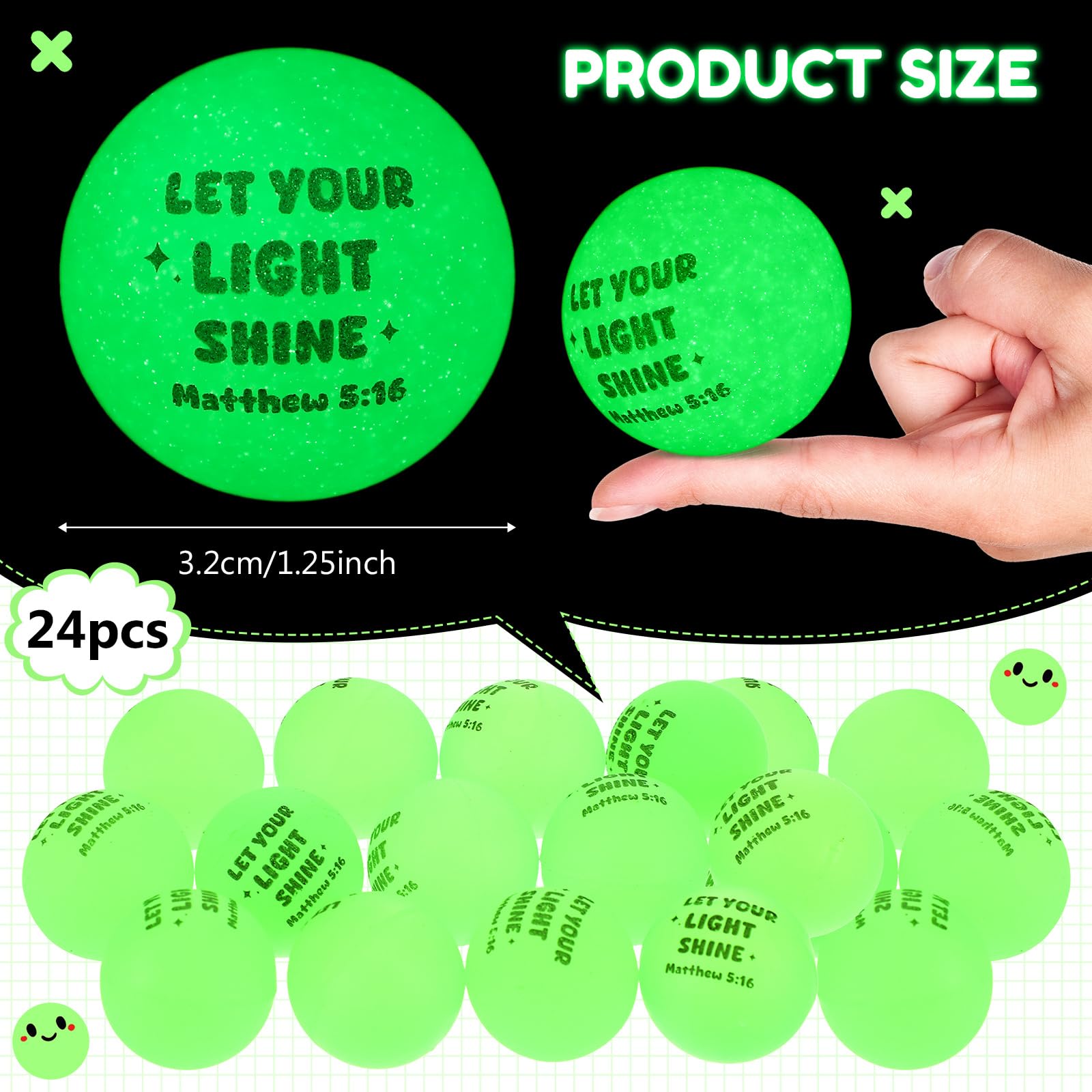 Seenelling 24 Pcs Christian Glow in The Dark Bouncy Balls Easter Jesus Bible Verse Rubber High Bouncing Balls Christian Party Favor Religious Classroom Gifts(Green)